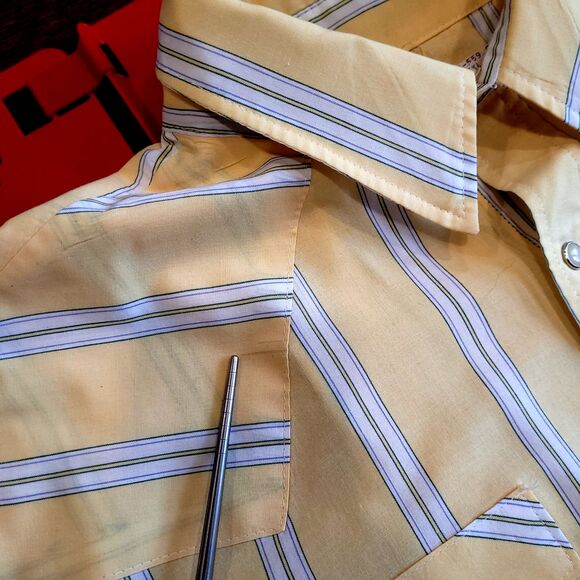 Saddle King Shirt Mens 3XL Tall Pearl Snap Yellow Stripe 19.5 USA Vintage - Picture 6 of 13